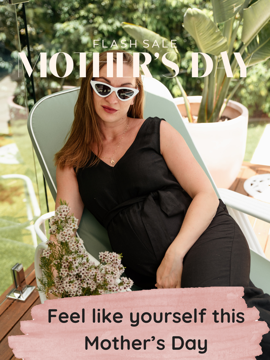 Woman sitting outdoors with text overlay for Mother's Day sale