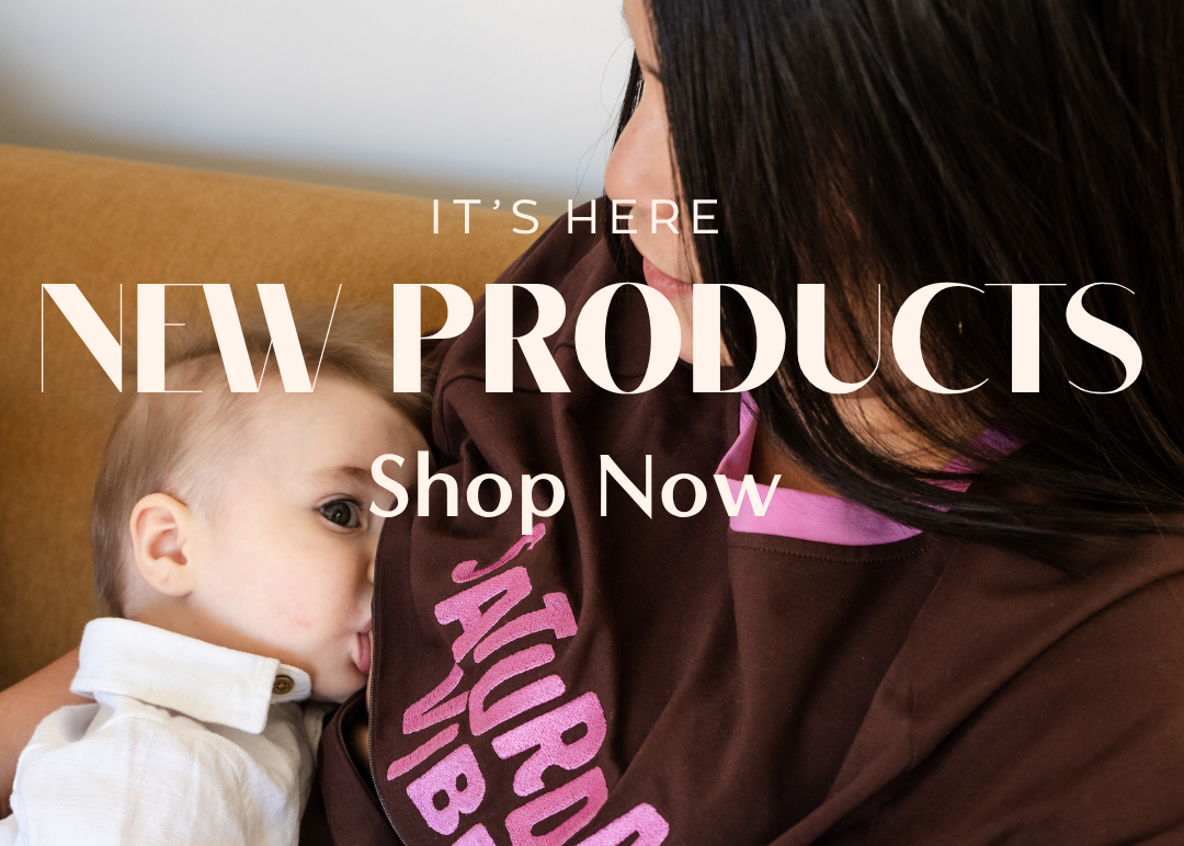 Woman wearing a brown t-shirt with 'Saturday Vibes' text, holding a baby, with promotional text overlay.