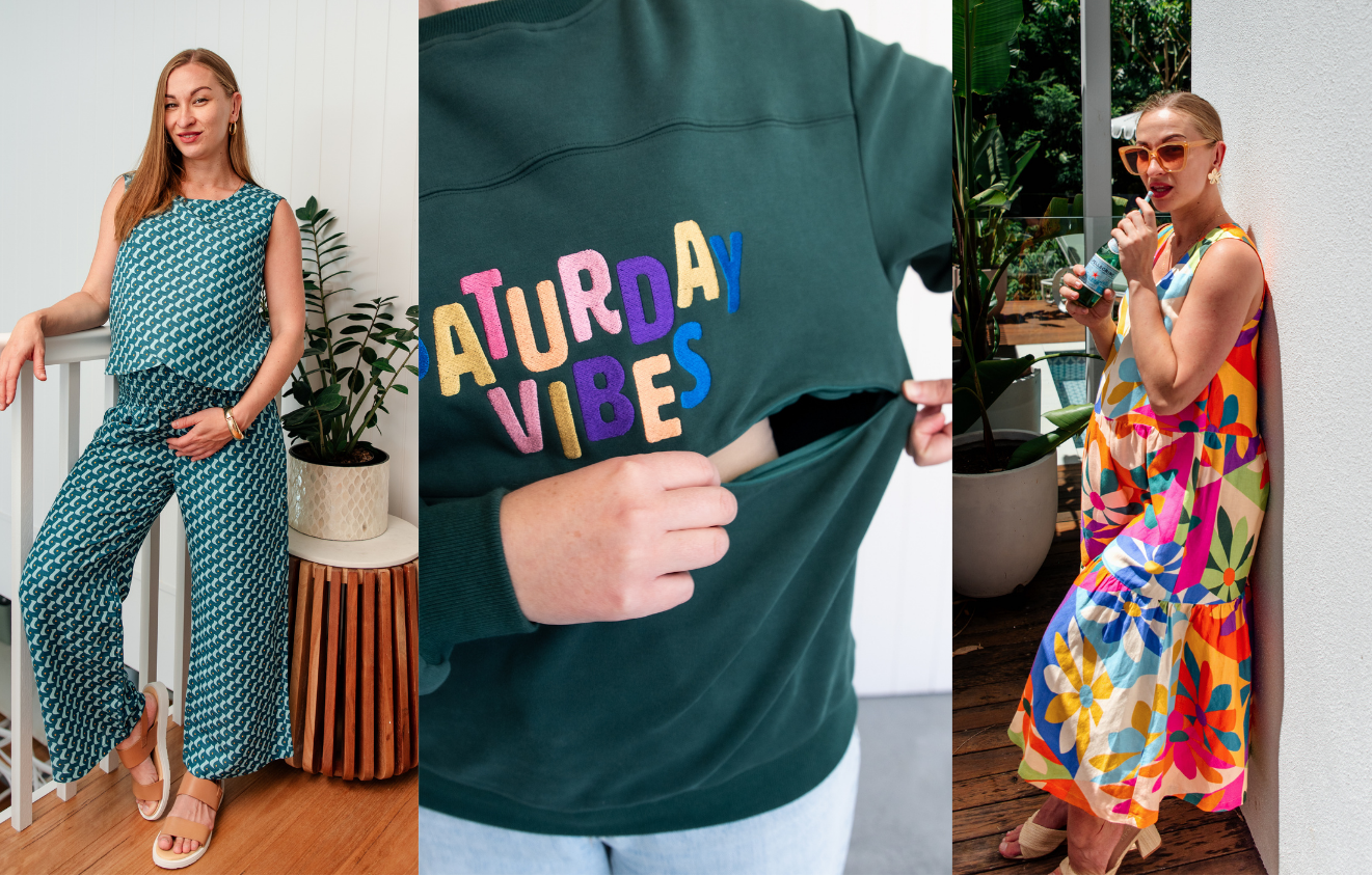 Woman in a green patterned dress, shirt with 'Saturday Vibes' text, and woman in colorful dress with text overlay.
